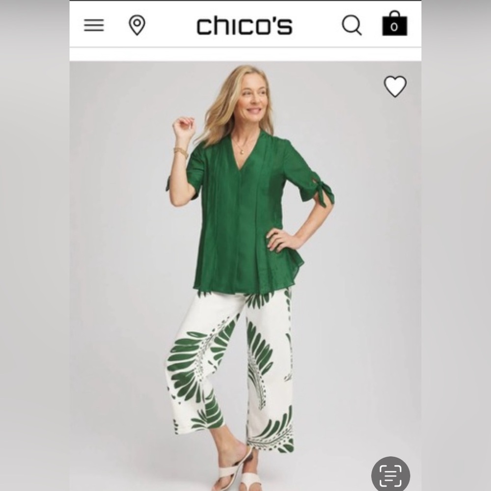 Chico's Emerald Green V-Neck Tie-Sleeve Blouse